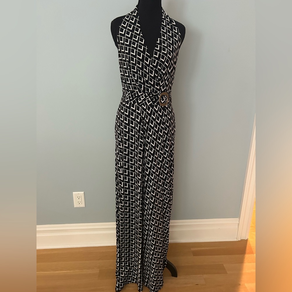 White House Black Market Elegant Black and White Geometric Pattern Halter Dress